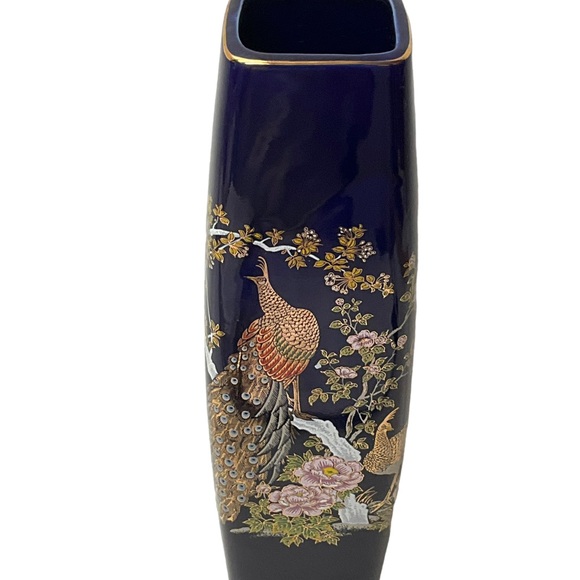 VINTAGE Asian Japanese Vase Peacocks Floral Square Mouth Base Cobalt Blue - Picture 2 of 8